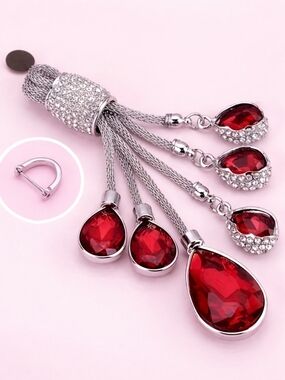 Ruby Red Teardrop Crystal and Rhinestone Keychain